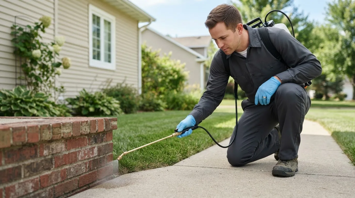 Pest control technician treating a home near Labadie, MO
